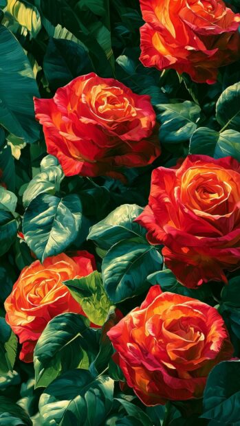 Rose wallpaper showcasing vibrant red and orange roses with lush green leaves in a painterly style
