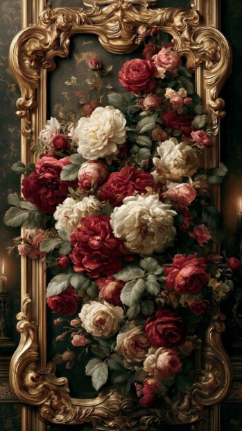 A luxurious rose wallpaper featuring red and white roses overflowing from an ornate golden frame with candles