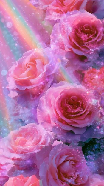 A vibrant Rose Wallpaper featuring sparkling pink roses with magical rainbow light and glitter effects