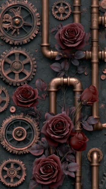 Rose wallpaper with dark red roses intertwined with steampunk gears and copper pipes