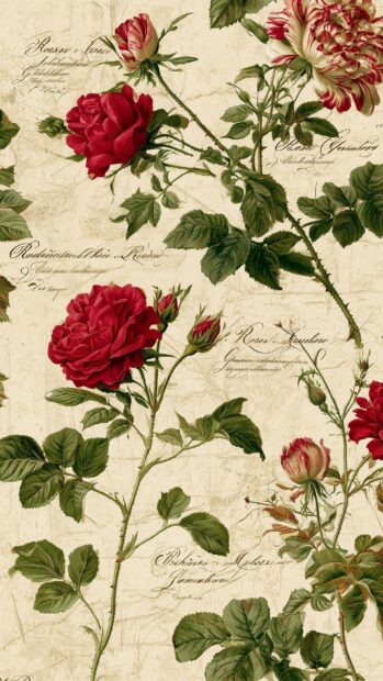 A beautiful Rose Wallpaper featuring a vintage botanical illustration of red and white roses on a parchment background with script