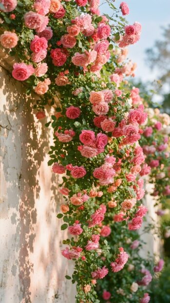 A charming roses wallpaper depicting climbing pink roses cascading gracefully down an old stone wall, bathed in warm natural sunlight