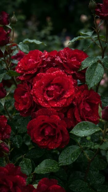 A dramatic roses wallpaper featuring deep red roses covered in sparkling dewdrops, surrounded by lush dark green foliage, creating a moody and elegant aesthetic