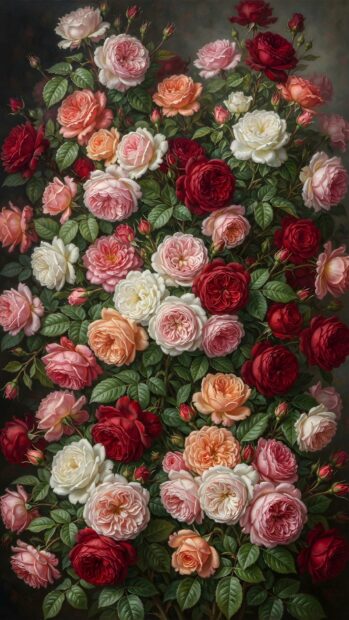 This vibrant Roses Wallpaper presents a full-frame view of various red, pink, and white roses, densely packed with green leaves. The rich floral pattern covers the entire canvas