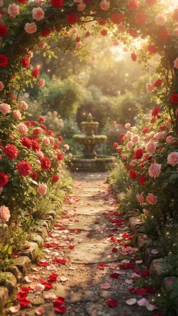 A picturesque Roses Wallpaper showcasing a charming garden path lined with an arch of red and pink roses, leading to a fountain in the background. This enchanting scene is ideal for mobile screens