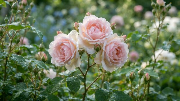 A serene Roses Wallpaper showcasing three delicate light pink roses covered in fresh dew drops. The soft focus background highlights the natural beauty of these blooming flowers
