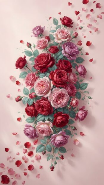 This Roses Wallpaper features a beautiful vertical arrangement of pink, red, and purple roses with green leaves, elegantly placed on a soft pink background. Scattered rose petals add a romantic touch to the design