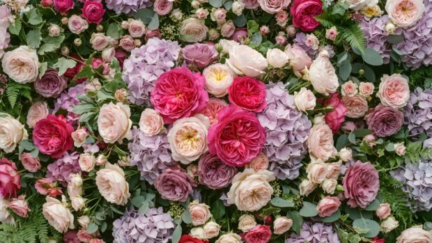 A vibrant roses wallpaper showcasing a beautiful wall of mixed flowers, including various shades of pink and cream roses interspersed with purple hydrangeas and green foliage