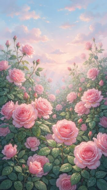 A delightful Roses Wallpaper featuring an artistic illustration of pastel pink roses reaching towards a soft, cloudy sky. This vibrant and dreamy image is perfect for mobile devices