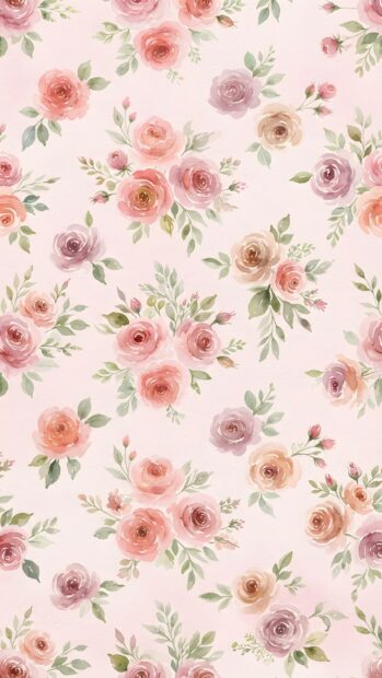 A beautiful Roses Wallpaper featuring a seamless pattern of watercolor roses in pastel pink, peach, and light purple shades. This delicate floral background is perfect for mobile devices