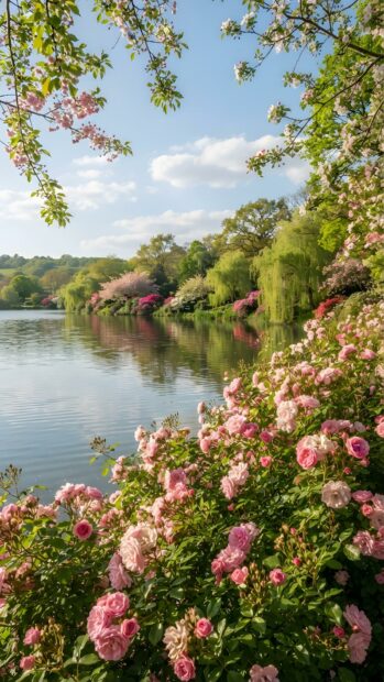 This scenic Roses Wallpaper features a tranquil lake surrounded by blooming pink roses and lush green trees under a clear sky. It's a perfect nature background
