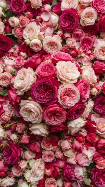 A beautiful Roses Wallpaper featuring a dense arrangement of various pink and fuchsia roses, creating a vibrant and rich floral pattern