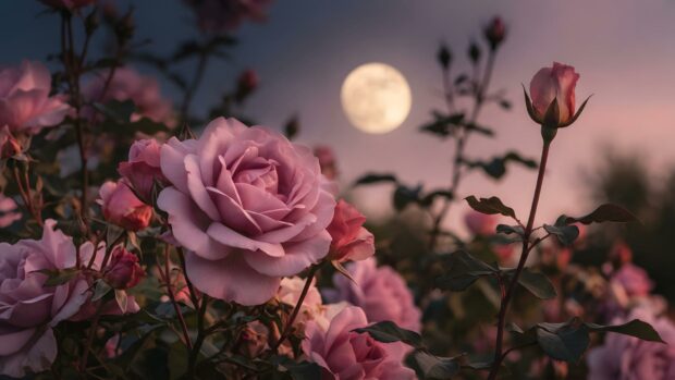 An enchanting Roses Wallpaper featuring soft pink roses under a bright full moon in a twilight sky. This image captures a magical night scene with beautiful floral details
