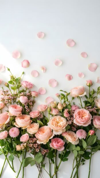 A beautiful roses wallpaper featuring delicate pink roses and scattered petals on a clean white background, perfect for a fresh and minimalist look