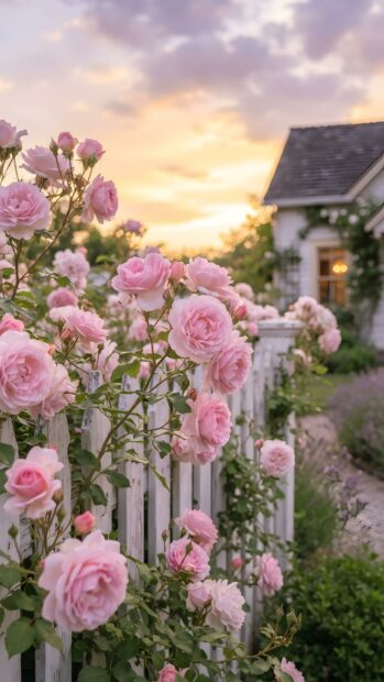 Enjoy this serene Roses Wallpaper showcasing delicate pink roses blooming over a white picket fence, bathed in the warm glow of a sunset. A charming blurred house stands in the background