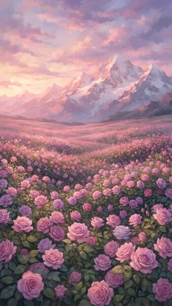 A stunning Roses Wallpaper depicting a vast field of light purple roses extending towards majestic snow-capped mountains under a soft, pastel sunset sky