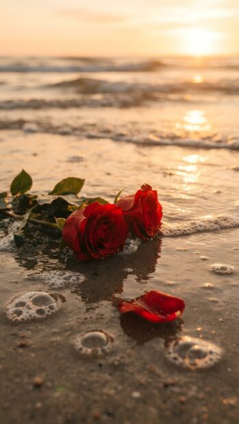 This romantic Roses Wallpaper features two red roses and a petal resting on a wet sandy beach with gentle waves and a golden sunset reflection. It's a beautiful, serene image