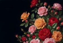 Discover this striking Roses Wallpaper featuring a vibrant cluster of red, pink, and orange roses with lush green leaves, set against a deep black background. The diagonal arrangement creates a dynamic visual