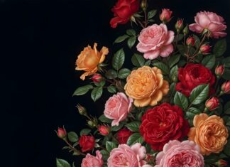 Discover this striking Roses Wallpaper featuring a vibrant cluster of red, pink, and orange roses with lush green leaves, set against a deep black background. The diagonal arrangement creates a dynamic visual