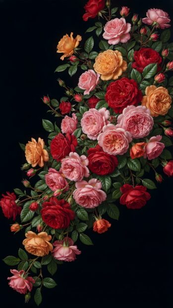 Discover this striking Roses Wallpaper featuring a vibrant cluster of red, pink, and orange roses with lush green leaves, set against a deep black background. The diagonal arrangement creates a dynamic visual