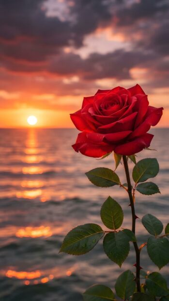 Behold this stunning Roses Wallpaper featuring a single vibrant red rose in sharp focus, set against a breathtaking sunset over the ocean. The sun dips below the horizon, casting a warm glow on the water