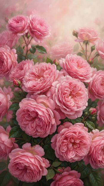 A stunning roses wallpaper showcasing a vibrant cluster of pink roses in full bloom, with soft, dreamy lighting creating an enchanting atmosphere