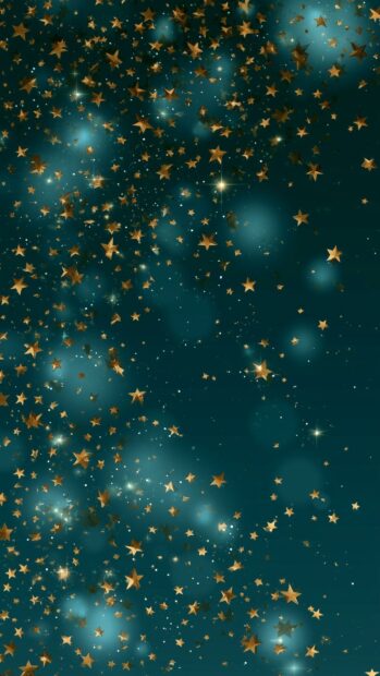Stars wallpaper depicting decorative golden stars falling against a soft teal background with bokeh lights