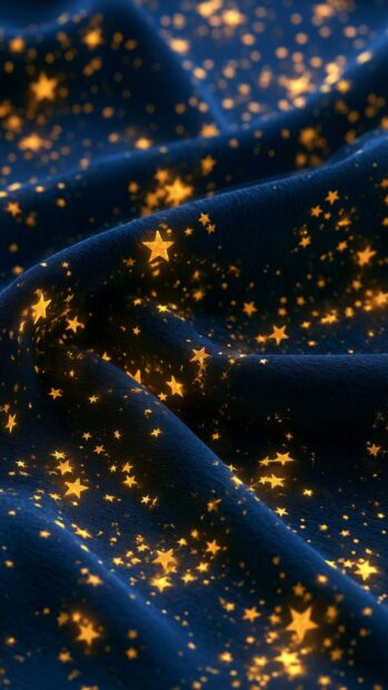 A beautiful Stars Wallpaper featuring glowing golden stars on a dark blue wavy fabric texture