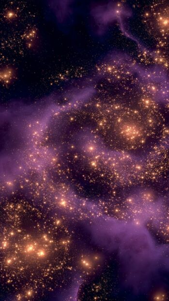 A stunning Stars Wallpaper featuring dense golden star clusters forming swirling galaxy-like patterns on a dark purple background