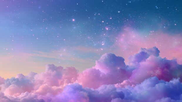 Dreamy pastel clouds stars wallpaper featuring a serene sky with pink, purple, and blue clouds and sparkling stars