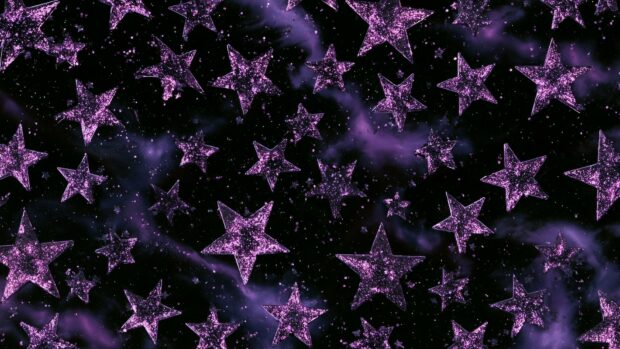 A beautiful Stars Wallpaper featuring sparkling purple glitter stars on a dark cosmic background