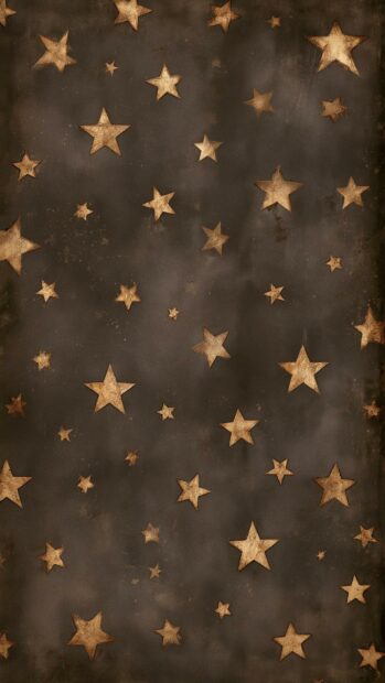 A rustic Stars Wallpaper with golden and bronze star shapes scattered on a textured dark brown background