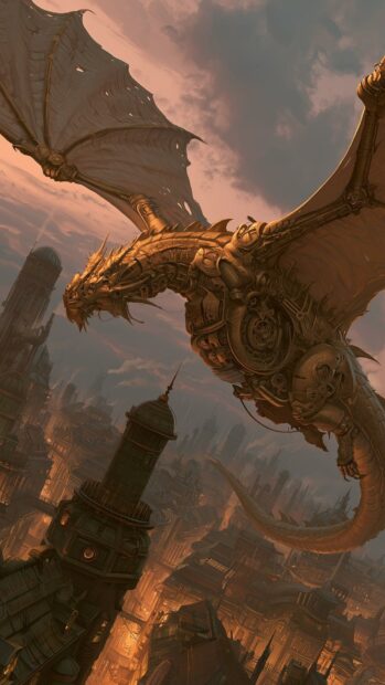 A detailed steampunk dragon wallpaper with intricate gears and metal flying over a dark, industrial city