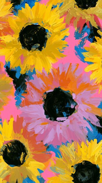 An abstract sunflower wallpaper featuring bold brushstrokes of yellow, pink, and orange sunflowers