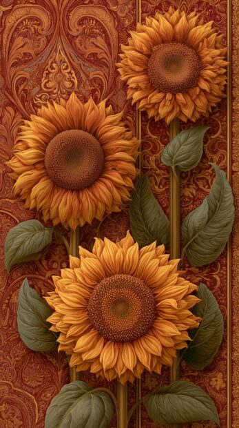An artistic sunflower wallpaper featuring three decorative sunflowers on an ornate red and gold background