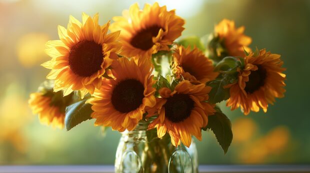 A beautiful sunflower wallpaper bouquet arranged in a glass vase, illuminated by soft golden light from behind