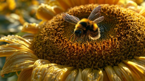 Detailed sunflower wallpaper showing a bumblebee collecting pollen on a large sunflower head