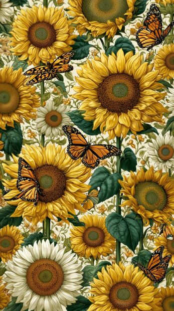 A beautiful sunflower wallpaper featuring monarch butterflies flying among sunflowers and white daisies