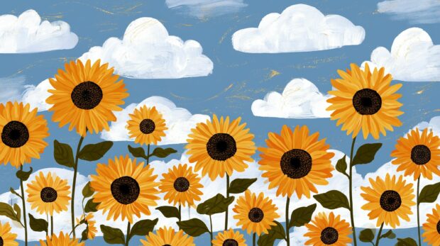 A charming sunflower wallpaper featuring cartoon-style sunflowers under a blue sky with white clouds