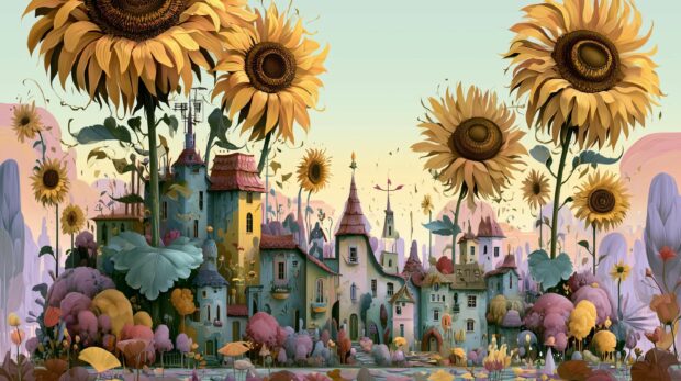 Fantasy sunflower wallpaper depicting a whimsical town with giant sunflowers towering over colorful buildings