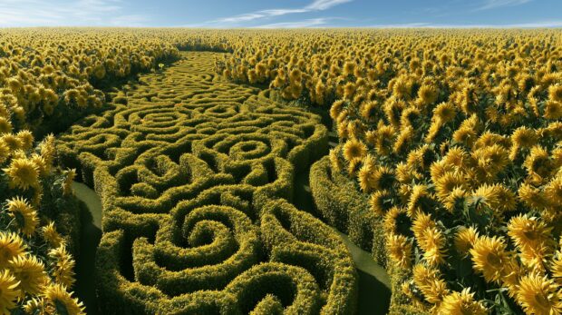 An aerial view of a vast sunflower wallpaper field with a winding green hedge maze under a clear blue sky