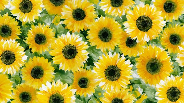 A vibrant sunflower wallpaper featuring a dense field of bright yellow sunflowers