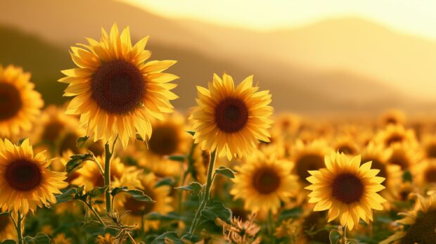 A close-up sunflower wallpaper of vibrant sunflowers in a field, beautifully lit by warm golden hour sunlight