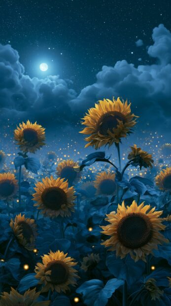 Magical sunflower wallpaper featuring a field of sunflowers under a starry night sky with a full moon and glowing particles