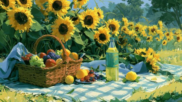 Artistic sunflower wallpaper depicting a summer picnic scene with a fruit basket and bottle amidst sunflowers