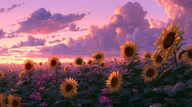 Beautiful sunflower wallpaper featuring a field of sunflowers under a vibrant pink and purple sunset sky