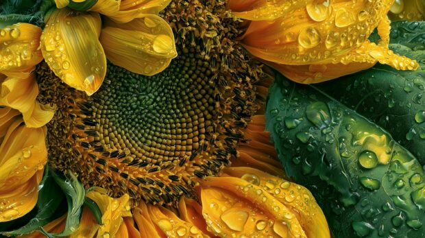 Macro sunflower wallpaper showcasing sunflower petals and green leaves covered in glistening raindrops