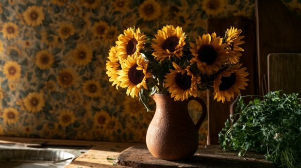 Rustic sunflower wallpaper featuring a vibrant bouquet in an earthenware vase on a wooden table