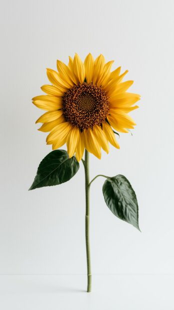 Minimalist sunflower wallpaper showcasing a single bright sunflower with green leaves on a clean white background
