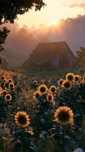 Scenic sunflower wallpaper showing a field of sunflowers at sunset with a rustic barn in the misty background